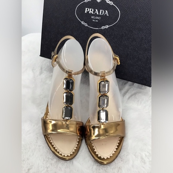 Prada Capretto Jeweled Open Toe Heel Lame Bronze Luxury Designer Size 37EU - Picture 3 of 11